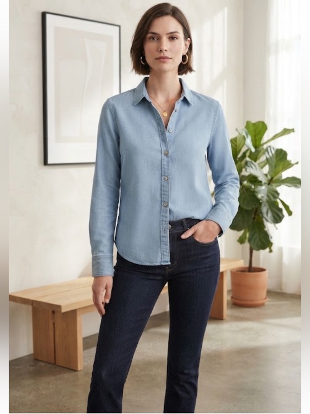 UNTUCKit Blue Chambray Cotton Button Front Shirt Womens Size 4